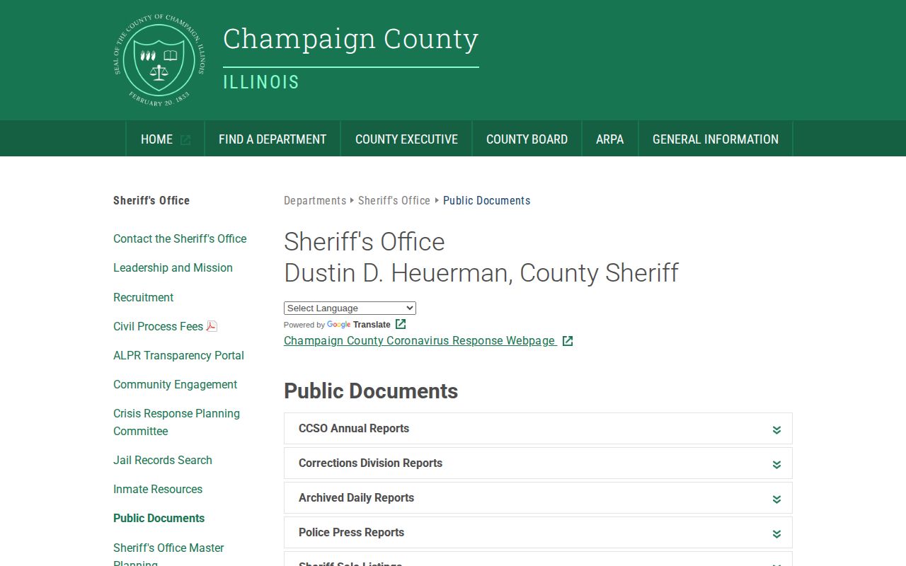Champaign County Sheriff public documents page with booking and daily report links