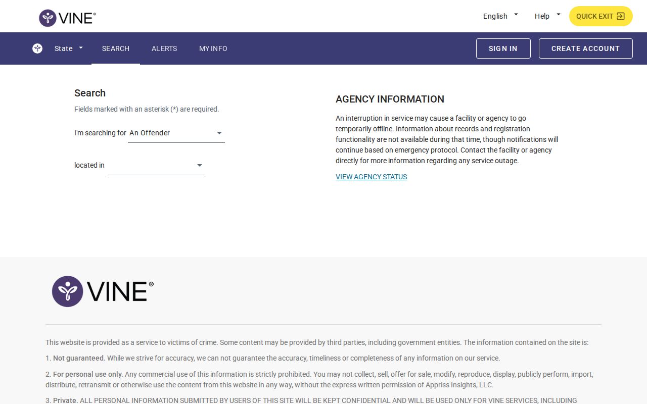 VINELink custody alert registration interface with notification controls