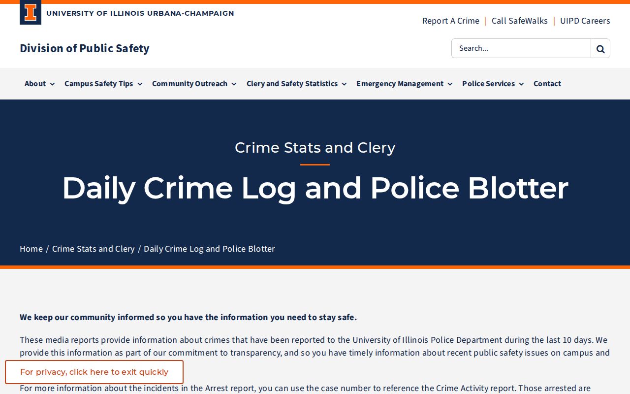 University of Illinois Police daily crime log and police blotter page